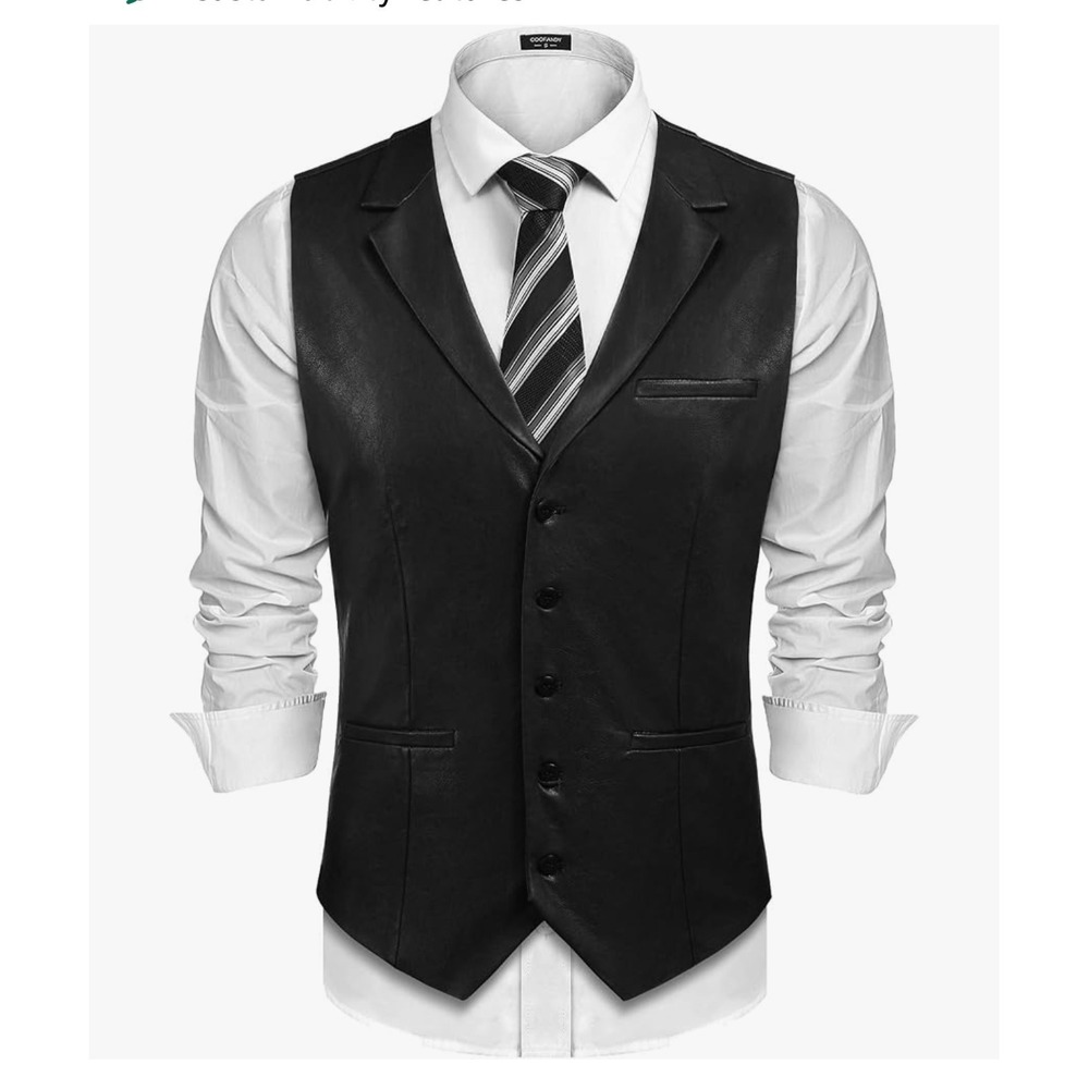 COOFANDY Men Western Cowboy Vest SlimFit Leather Suit Vest Dress V-Neck XL biker